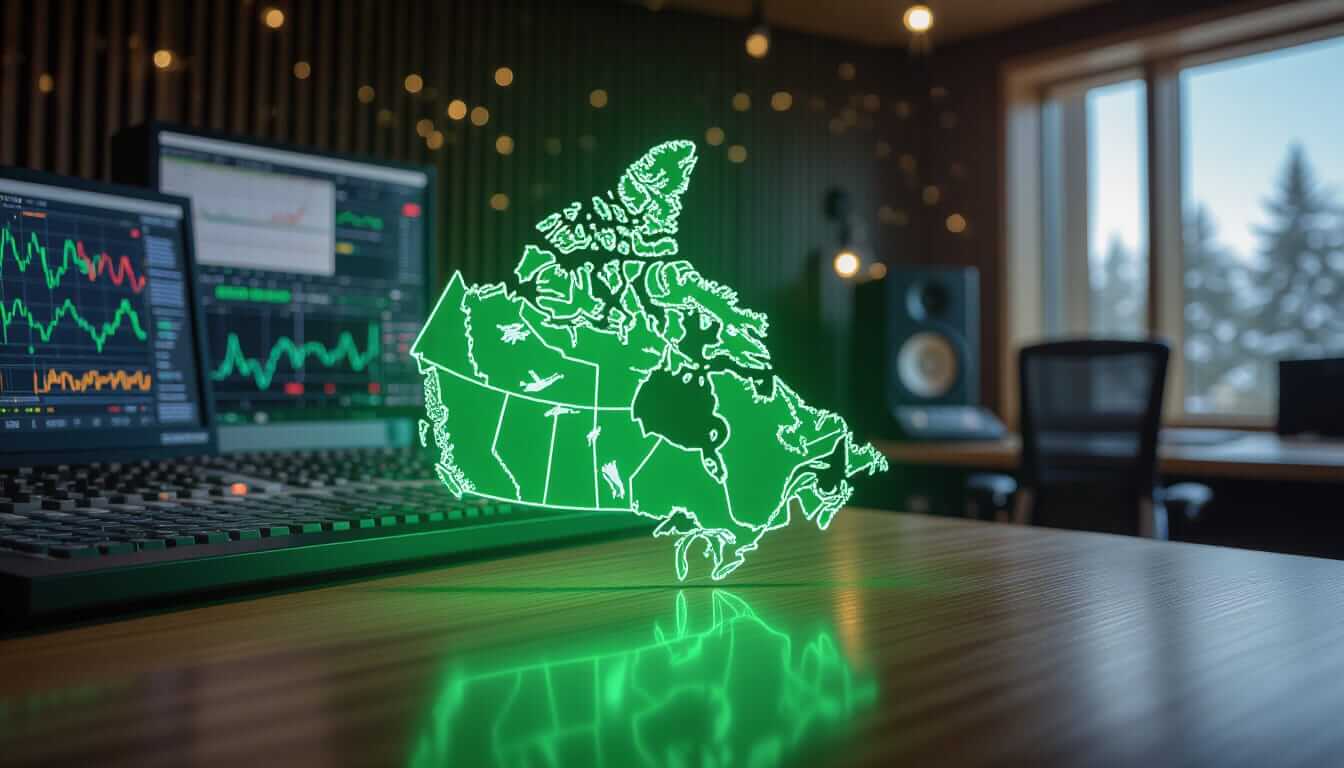 A glowing green hologram of the map of Canada hovers above a wooden desk in a modern radio studio. In the background, computer monitors display audio waveforms and graphs, while soft bokeh lights and a window showing snowy trees complete the scene.