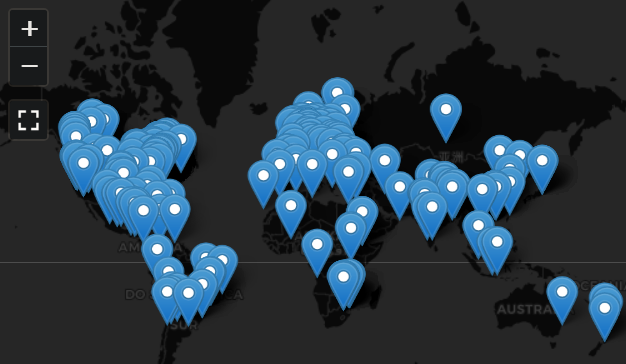 World map showing the geographic distribution of online listeners, with blue location pins across North and South America, Europe, Africa, Asia, and Oceania.