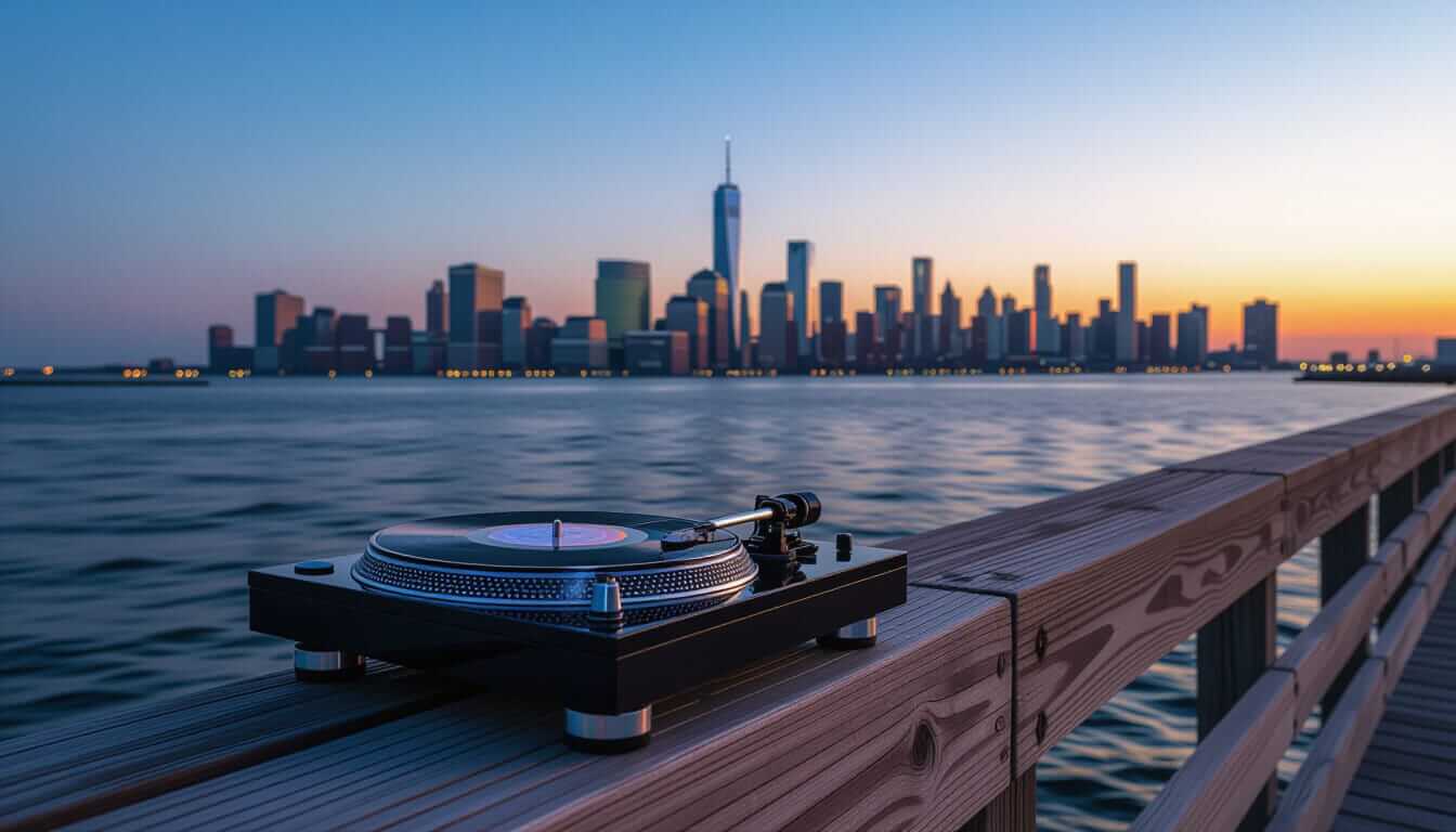 A black turntable with a vinyl record sits on a wooden pier railing. Behind it, the New York City skyline glows at sunset over calm water, with One World Trade Center prominent against the twilight sky. The scene blends urban energy with serene, musical ambiance.